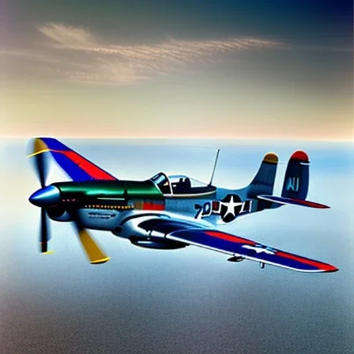 fullbody Drawing of 'North American P-51 Mustang (USA)- Aircraft of WWII',intricate detail,andrea bonelli,Kilian Eng,Ohrai,evan lee,Aleksandr Sidelnikov,KyuYong Eom,three quarters frontal aerial view,toned colors,16k