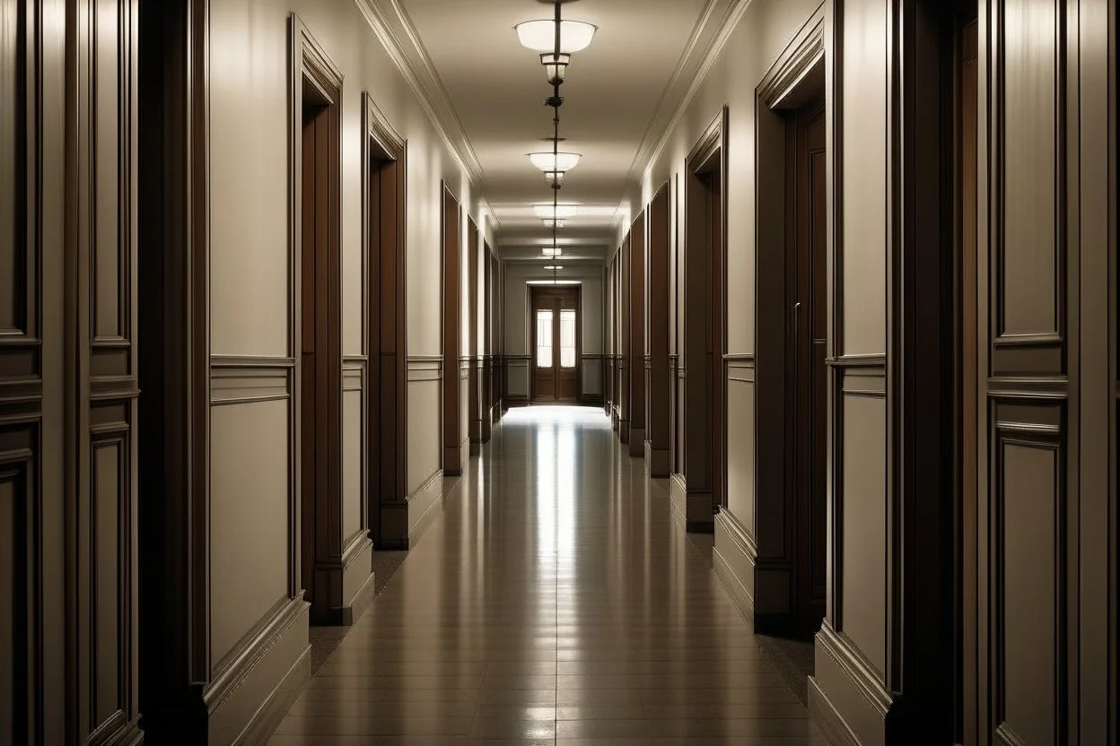 short, wide corridor full of closed doors with a single open doorway