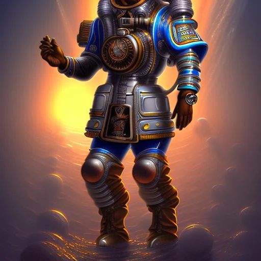 90's TCG art retro scifi art of a steampunk diver with big armor