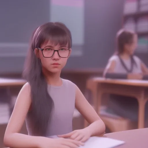 Study girl in classroom ,movie, real photo realistic, unreal engine, cinematic lighting --ar 1:1 creative