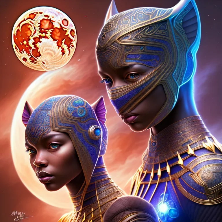 sango fantasy, fantasy magic, intricate, sharp focus, illustration, highly detailed, digital painting, concept art, matte, artgerm and paul lewin and kehinde wiley, masterpiece Asian black panther Mayan pyramid blue space lady space blood moon galaxy