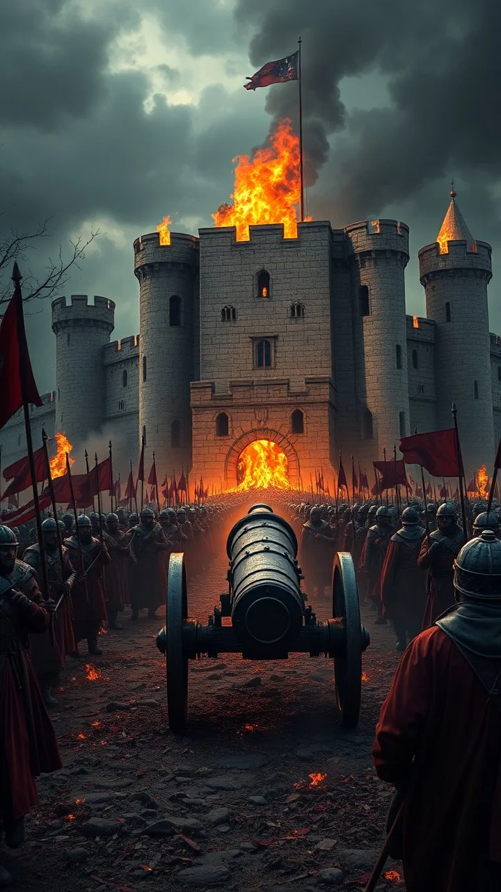 A canon leading an old army toward a big castle whose was is set on fire in a bloody war at scene