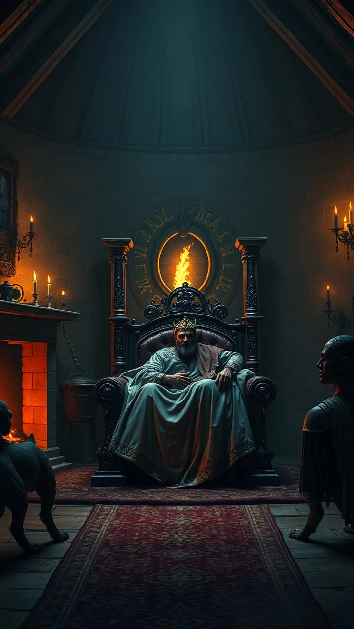 Create an image of a king sleeping on his throne in an old house with a fireplace and strange runes in side a temple with dim light of fire torch on the wall in the background