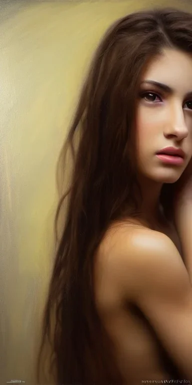 UltraHD, 8k, Studio portrait photo of a hot woman age of 18, beautiful pretty face, half spanish, half american, gray cat eyes, brown hair, very detailed face, studio lighting, fantasy, brown ratio, sharp focus color, corrected hyper detailed pino daeni