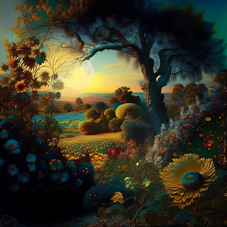 High definition photography of a marvelous landscape, trees, flowers, sun, intricate, atmosphere of a Max Ernst painting, thoughtful, interesting, a bit appalling