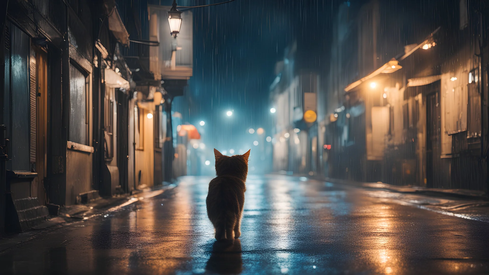 Night in a wet street of a city with lights, a cat far away stands and looks to pass by