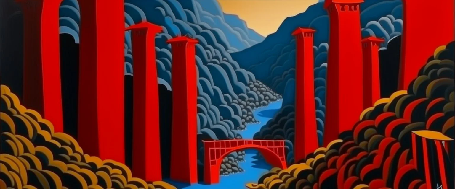 A red gorge with torii gates designed in Javanese shadow puppets painted by Rene Magritte