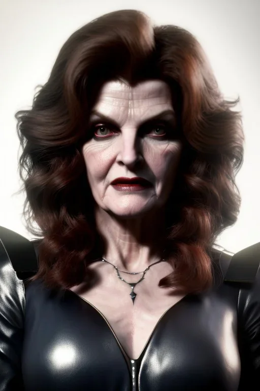 younger Rene Russo as evil queen in leather, cleavage, angry, stern look, unreal 5, octane render,cinema4d, dynamic lighting, dramatic lighting, 4k, redshift render, highly detailed, hyper realistic