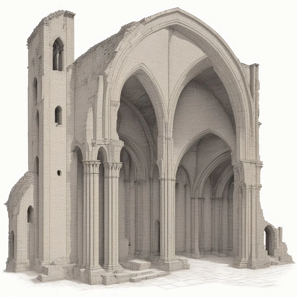 Ruined Romanesque church. A Detailed Technical Drawing.