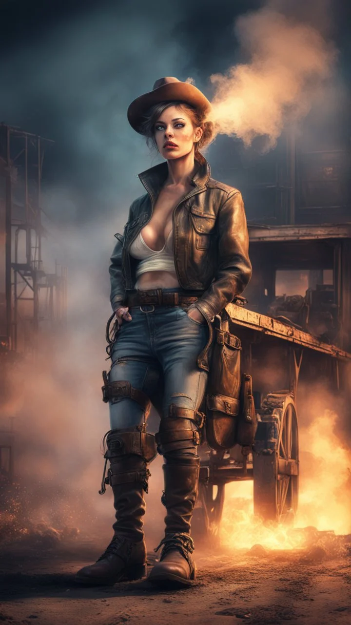 postcard portrait from cyberpunk fallout 4 tower top of cowboy midget whiff of smoke from flame thrower sexy cowboy old boots by rail road wagon, picking up body, in spotlight, magazine cover illustration with spray paint, signed, bokeh like, down-light, unreal engine, prize winning