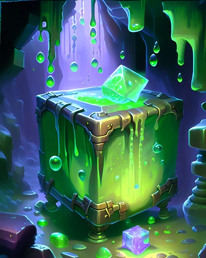 a slimy dripping gelatinous cube in vast dungeon cave room with treasure chests rpg art painterly