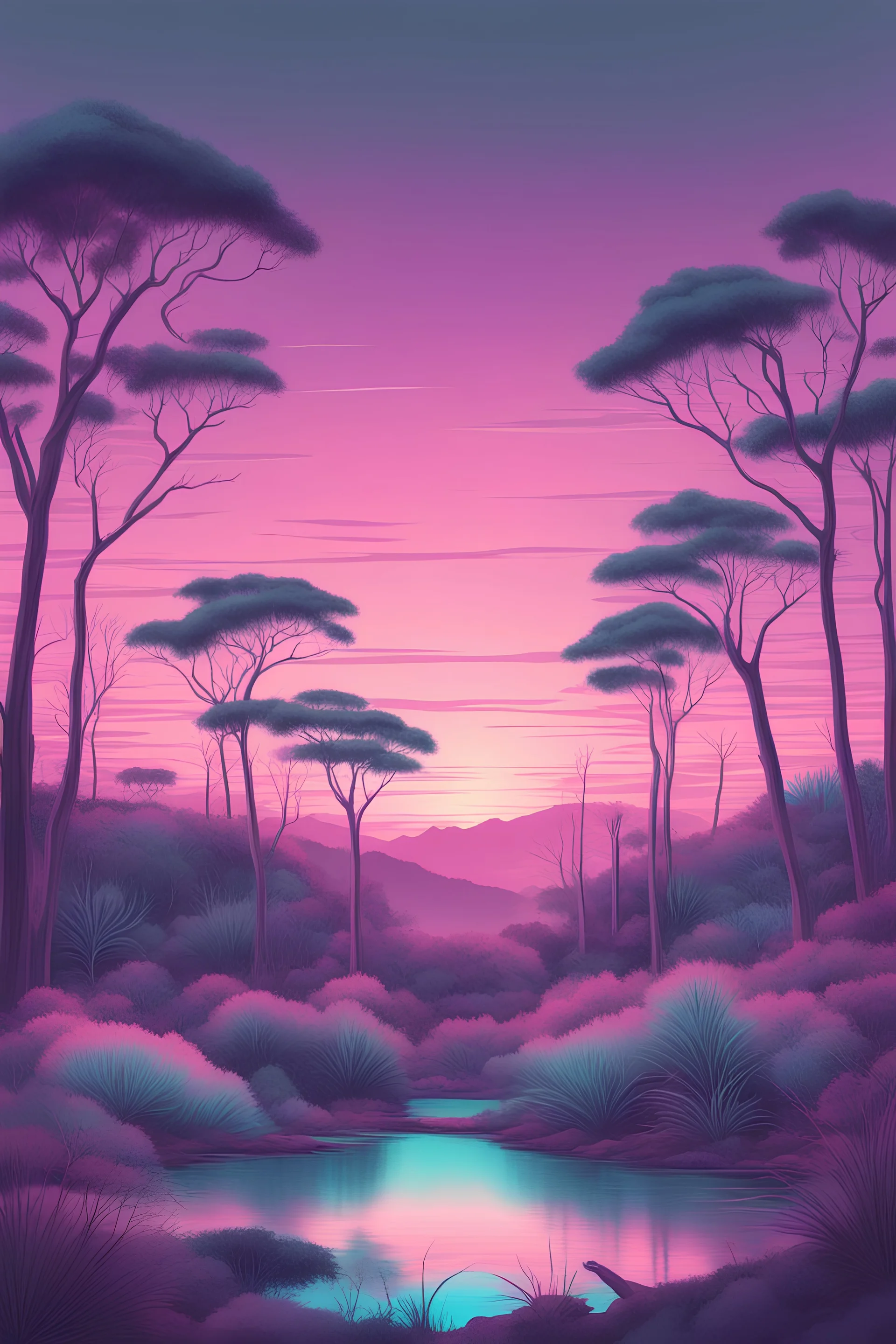 Vaporwave Australian bushland pastel twilight