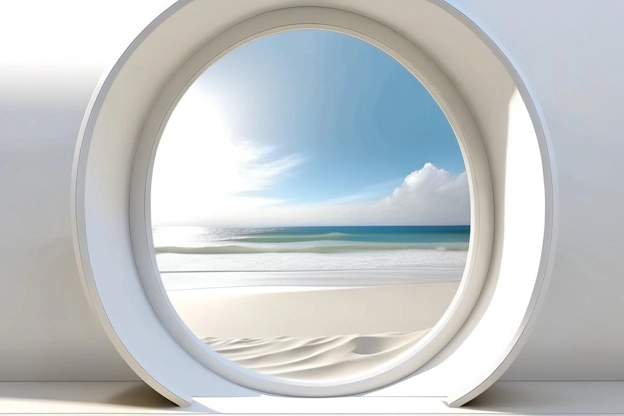 white,background,looking,through,a 3-d, hole,or,window,,a,seeing,paraddise,beach ,skulpture,like