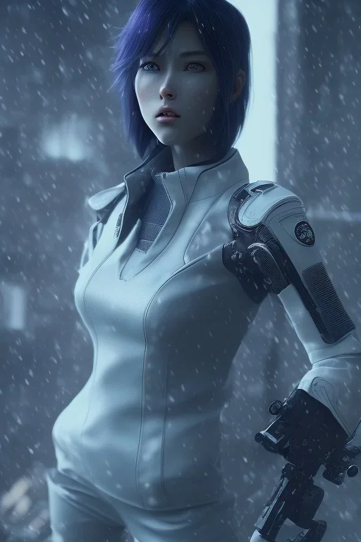 Beautiful Motoko Kusanagi, raining, nostalgic, cold, dark blue, gloomy, heavy fog, 8k photorealistic, cinematic lighting, high details, dramatic, atmosphereric