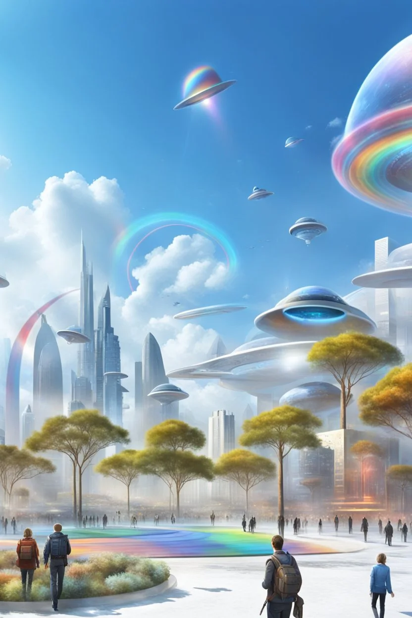 ville futuriste ultra moderne, ufos, rainbows,intergalactic city