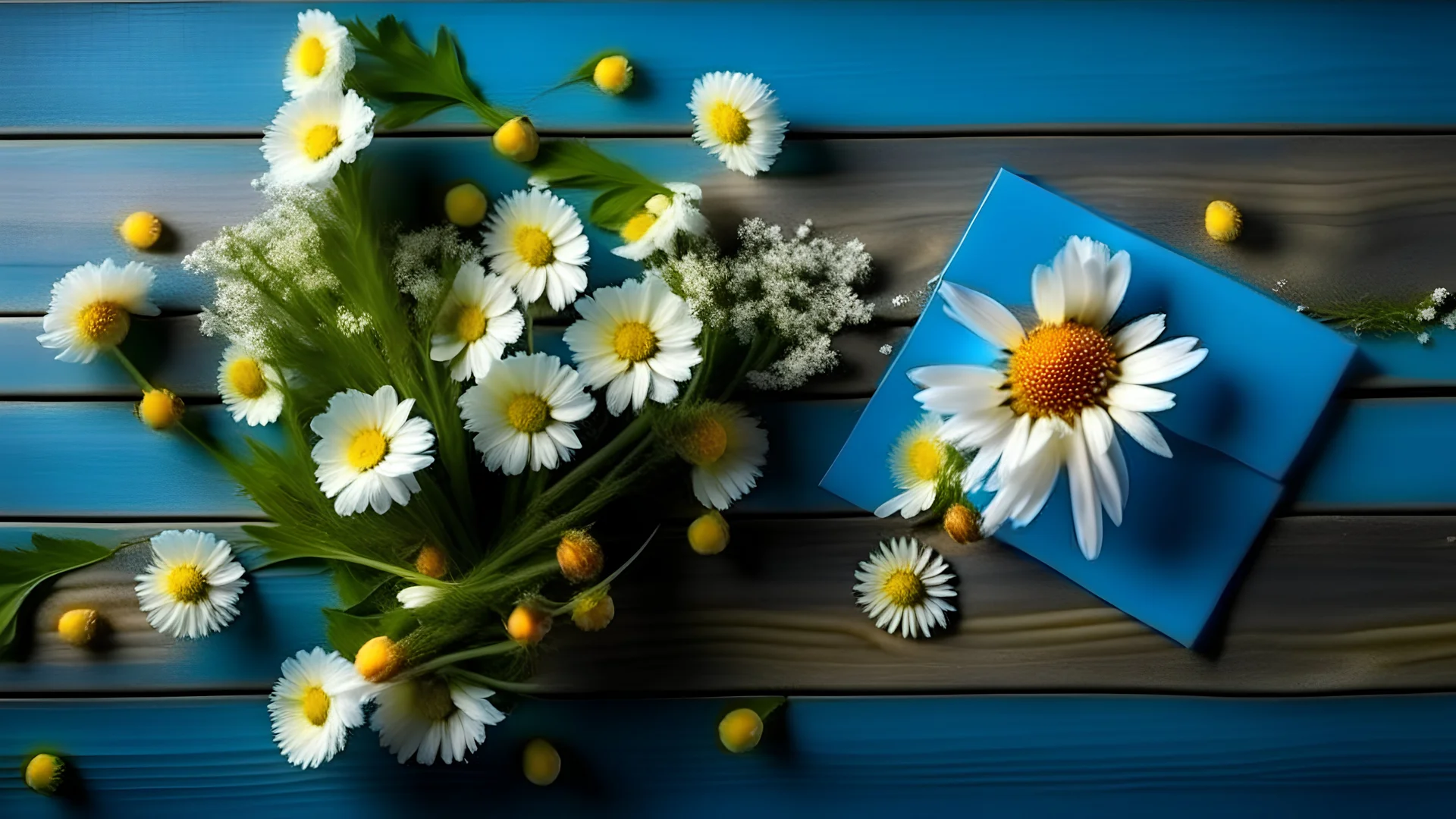 Garden camomile flowers bouquet and greeting card on blue wooden table. Top view flat lay with copy space