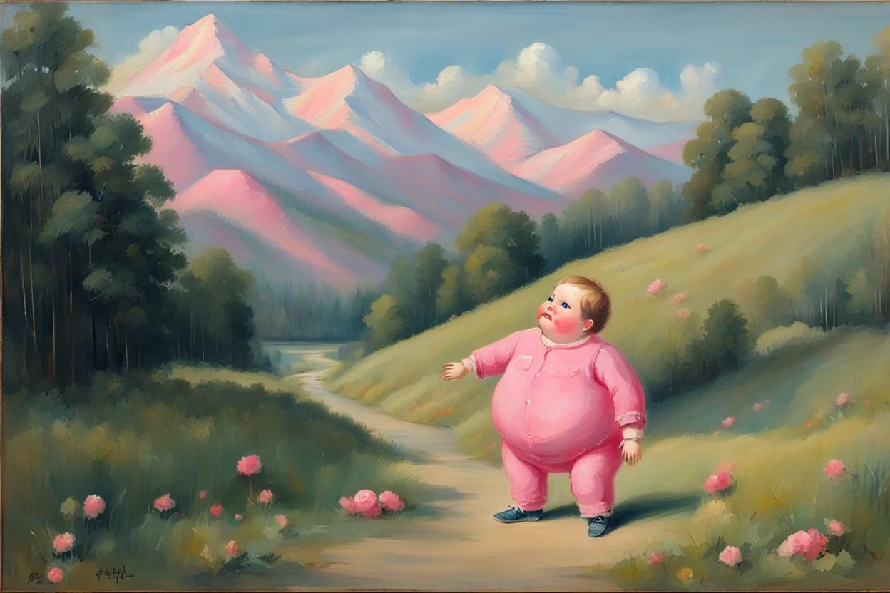 Big pink plastic fat Boy doll.19th painting