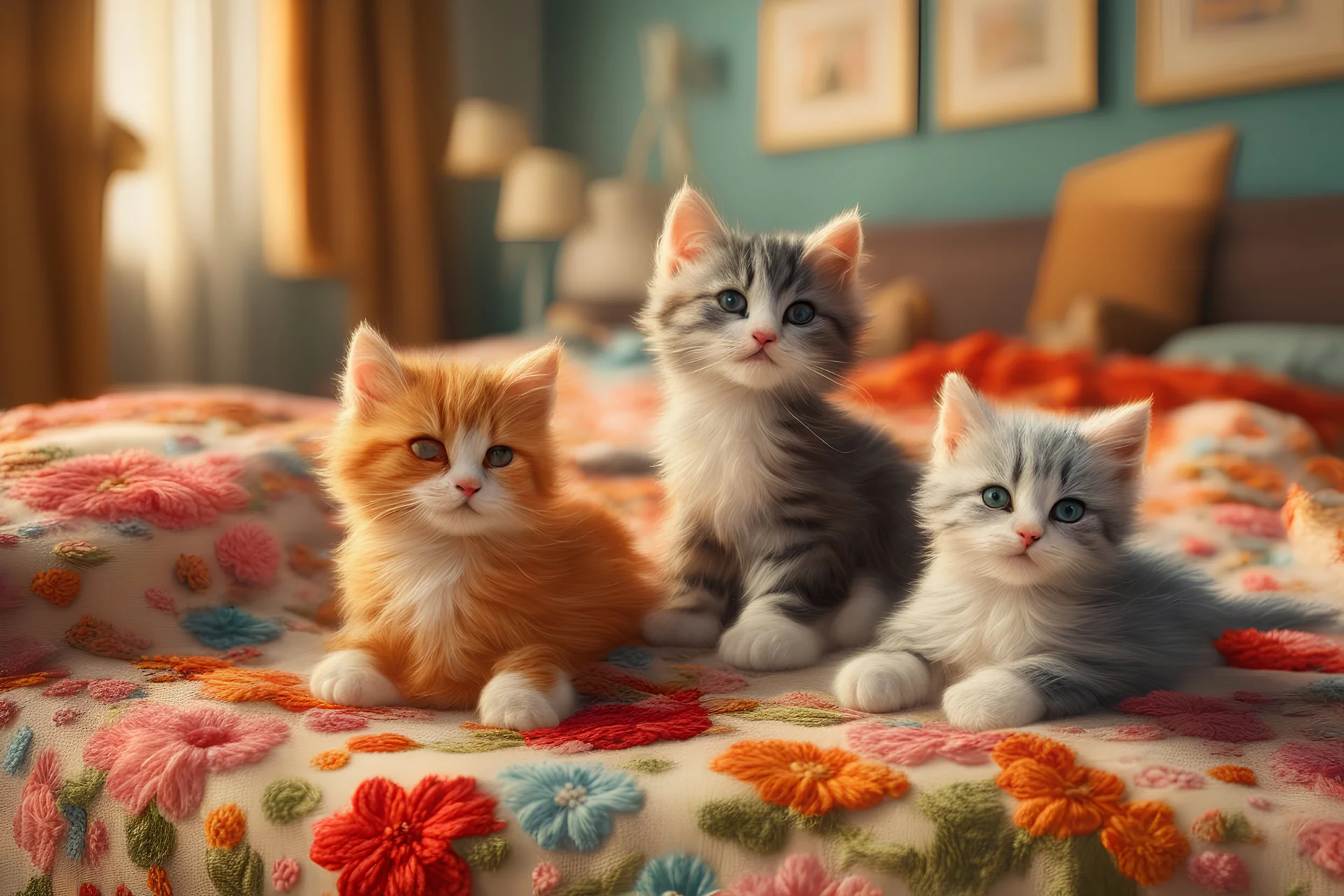 Hand sewn and embroidered extremely cute kittens, threads, sewing needles and a pair of scissors on a table on lace blanket in a luxury bedroom, centre, bold colours elegant fantasy 8k beautiful dynamic lighting award winning imperial colors hyperrealistic ultra detailed 4K 3D high definition crisp quality colourful hdr in sunshine