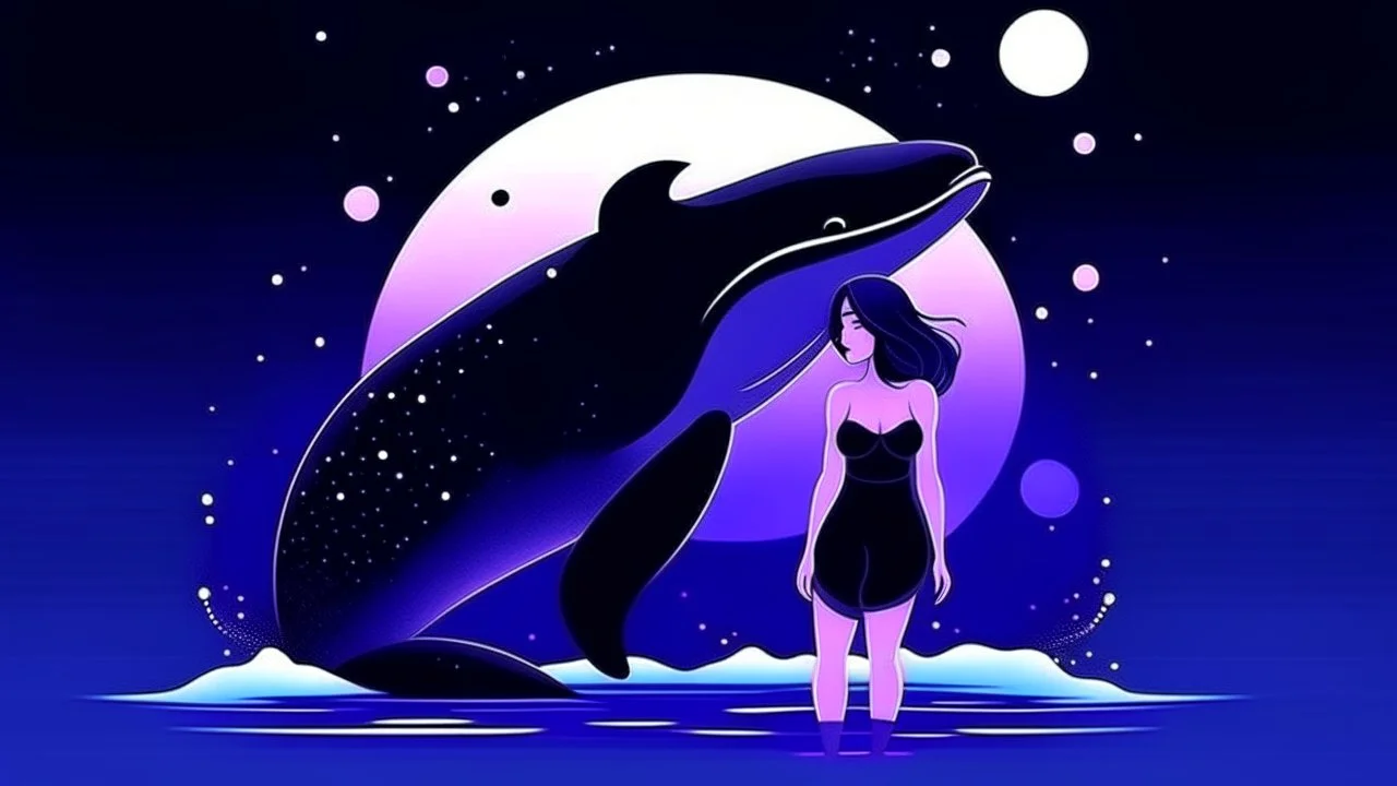 minimalism picture of pretty killer whale and girl on space background in violet color