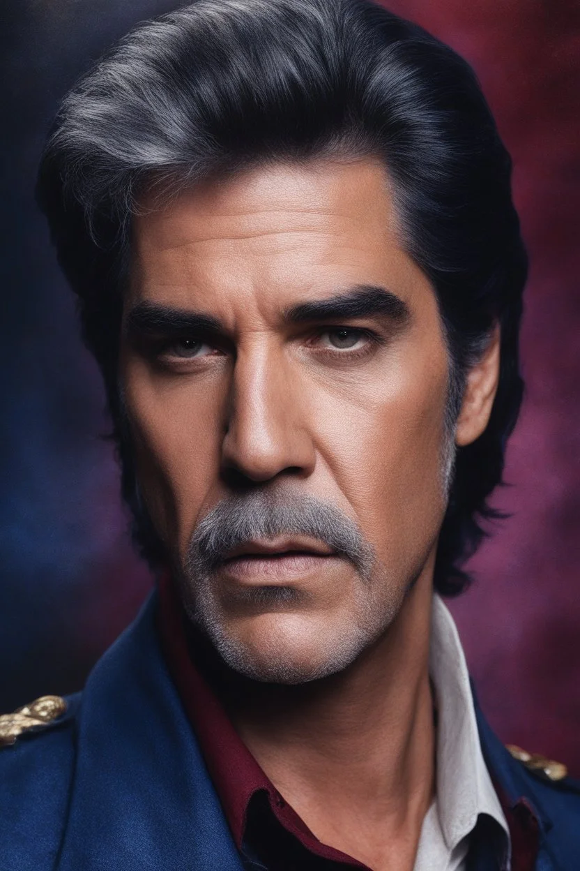 facial portrait - Elvis Sam Elliot - 32k, UHD, 1080p, 8 x 10, glossy professional quality digital photograph - dark blue and dark red, and light maroon and purple and foggy black gradated background, historic, powerful, octane rendering, exquisite detail, 30 - megapixel, 4k, 85 - mm - lens, sharp - focus, intricately - detailed, long exposure time, f8, ISO 100, shutter - speed 1125, diffuse - back - lighting, ((skin details, high detailed skin texture)), (((perfect face))),