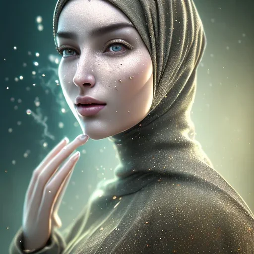 close up portrait of woman in hijab dissolving into blowing dust, dissolving into multiple particles of swirling fog, fine detail, highly intricate, modern surrealism painting, high-quality, volumetric lighting, 8k, ultrahd, George Grie, Marco Escobedo, Igor Morski,Brian Froud, Howard Lyon, Selina French