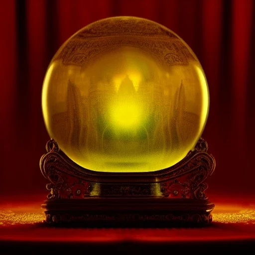 large, ornate, fog-filled crystal ball on bronze stand on embroidered red tablecloth, flickering light, 8k resolution, high-quality, fine-detail, intricate, digital art, detailed matte, volumetric lighting, illustration, octane render, George Grie, Ben Goossens, Igor Morski, brian froud, howard lyon, selina french, anna dittmann