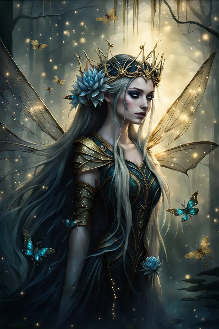 Blonde gold hair , dark gold ,dark Fairy wings,long hair,water lilies,dark fairy princess,nymph,elven crown,dragonflies,tiara,,gothic,glitter,rapunzel hair, very long hair, sparkle,night,