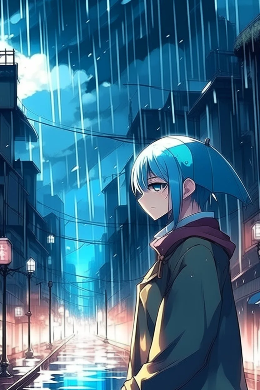 Anime girl in the rain, 1male people, Wide black hair, 4k anime wallpapers,  There are no boys after the rain - SeaArt AI