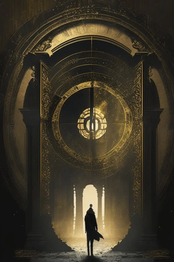 A person, a palace, a time gate, dark black and golden colour