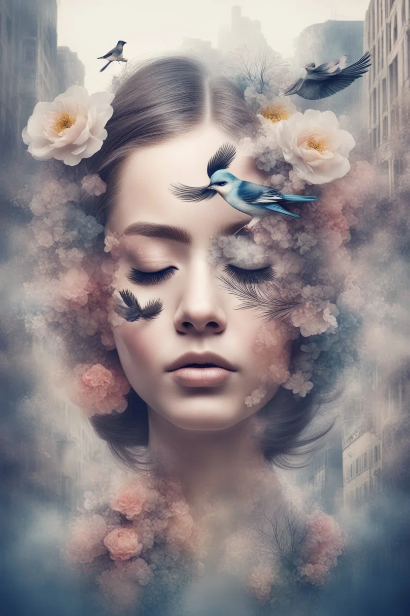 Double exposure, girl with closed eyes, large false eyelashes, Flowers, Double exposure, intricate details, city, birds