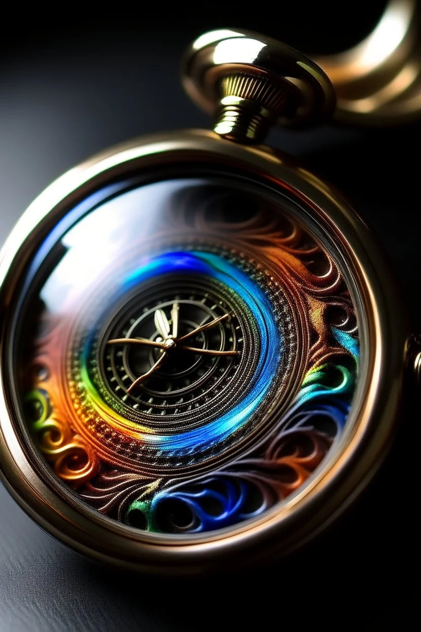 "Generate an image of a classic pocket watch, but instead of a traditional dial, use a swirling, iridescent rainbow pattern."