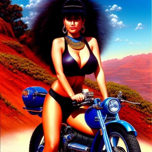 portrait of busty beautiful 'Female Rider on Akira Bike(1988)',painting by Earl Norem, simon Bisley, evan lee, 86-86, oil on canvas, cinematic composition, extreme detail,fit full head inside picture,8k