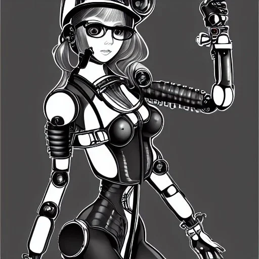 winnner illustrator, sketch of a cute girl and a robot, beautiful, steampunk syle, black and white. Helmet with tubes, square glasses and wires. highlt detailed. very complex.