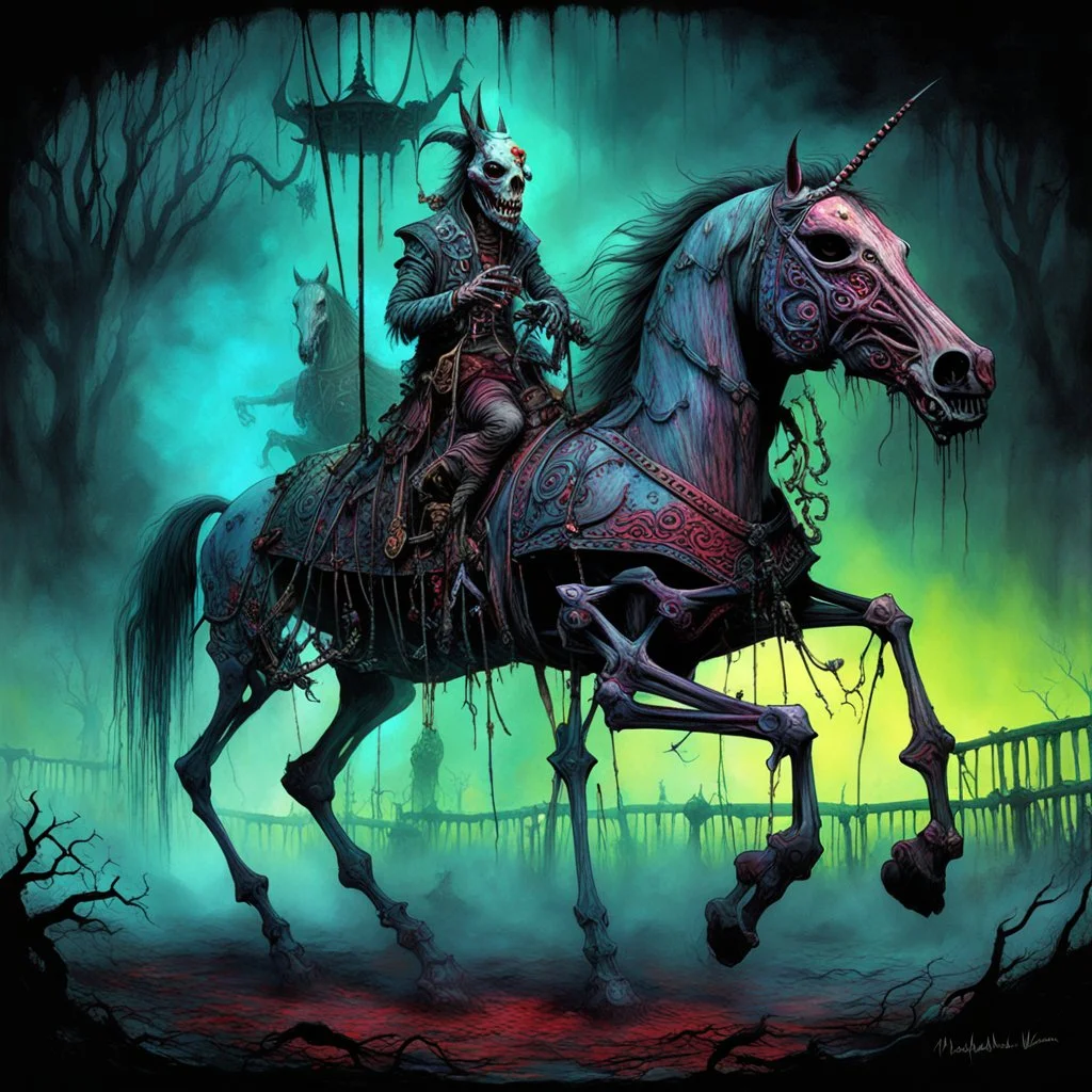 Misery-Go-round, nightmare carousel decayed zombie skeletal horses, by Michael Whelan, by Stephen Gammell, digital illustration, palpable textures, enveloped in an approaching nightmare, high contrast, Whelan's distinctive visceral horror style, blacklight UV reactive colors, heavy ethereal mist, smooth