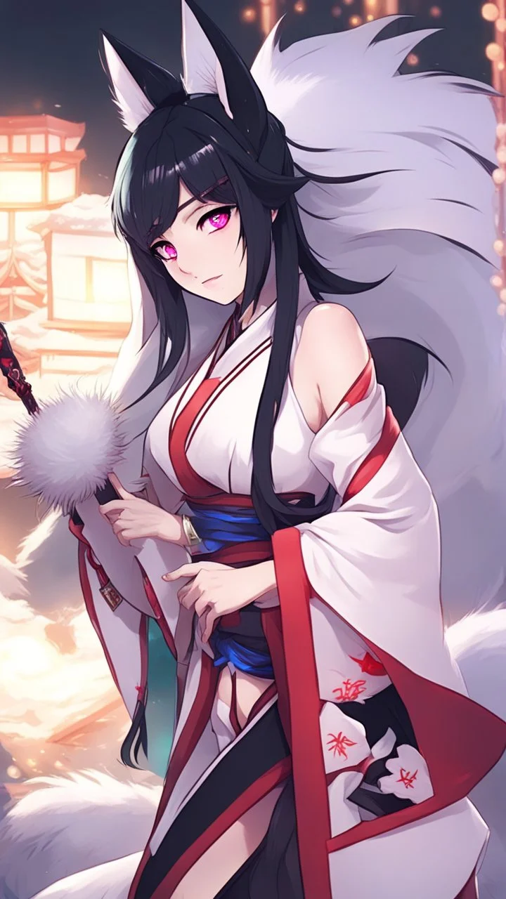 A close hot picture of Ahri with black hair and Japanese Clothes and nine White fox tail with neon glowing in fantasy world