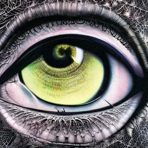 close-up of human eye with reflection of dystopian future, spiders, intricate, fine-detailed, high-quality, detailed matte painting, surreal, brian froud, howard lyon, selina french, annie stokes, lisa parker, greg rutowski,George Grie, Ben Goossens, Igor Morski, 8k resolution