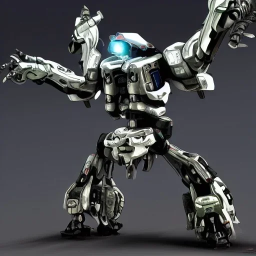 Mecha with metal spider legs his hands are machine guns. Driver is animal