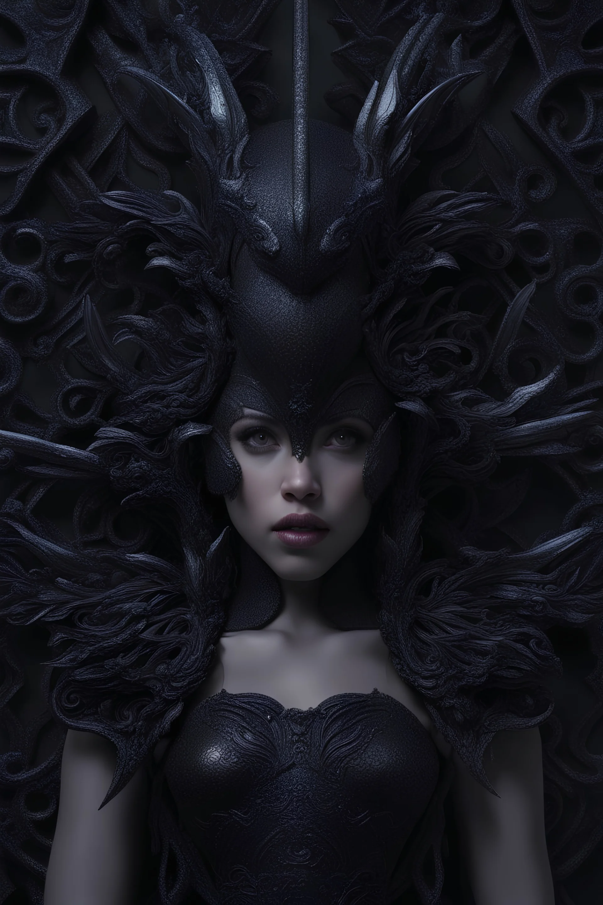 Kouwen Mcguire's black and twilight theme inspired by a science fiction villain, in the style of intricate costumes, Mike Campau, symmetrical forms, photorealistic detailing, camilla d'errico, uhd image, Alexander Fedosav