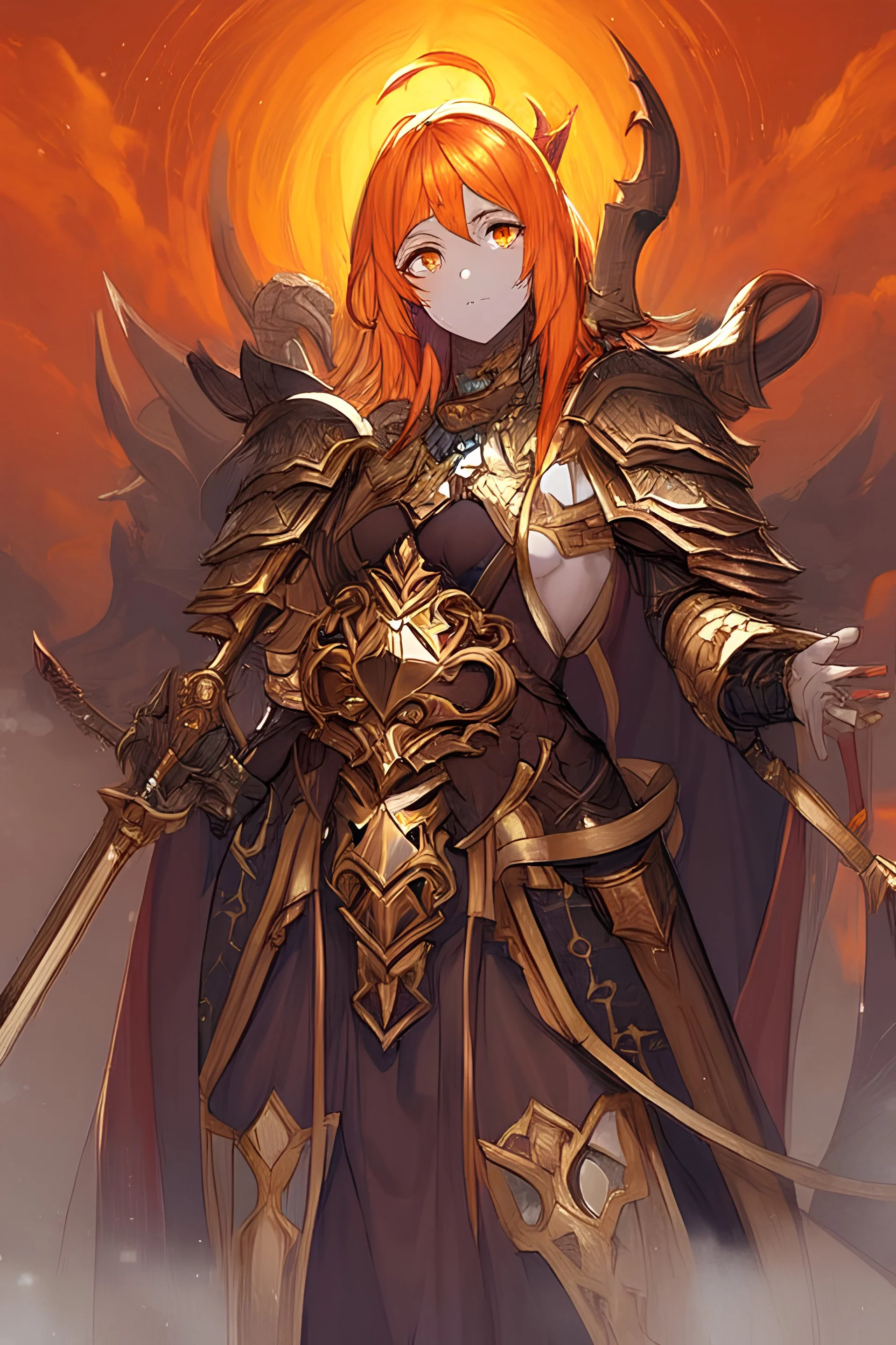 Paladin in dark armor, orange hair, orange eyes, standing in mists, Female, dark art, ivory peach skin