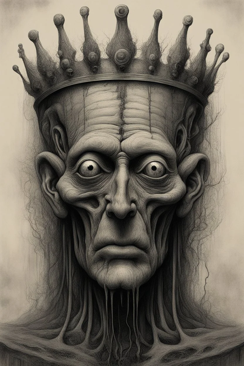 The face of an old men king with a crown, a thin line draw ، front view camera, decayed and rotting with grotesque proportions and imagery. surreal horror, biomechanical design, by hr giger and beksinski , fine lines draw