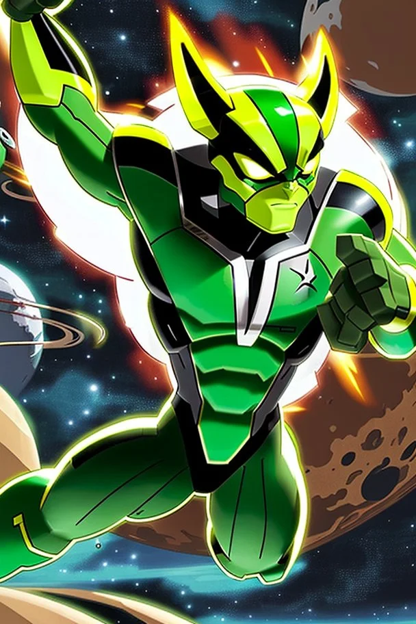 A new space creature from Ben 10 cartoon. Strong and graceful. Advanced metal. Magical power, precise detail and intense power Add "full body view" as a prefix. Use an aspect ratio (dimensions) that is mor vertical (3:4 vs 4:3), move the camera back ("extreme long range view"), move camera upward rather than being at hip height ("high angle view" or "eye-level view"). Describe her shoes or stance, as well as what you see over her head