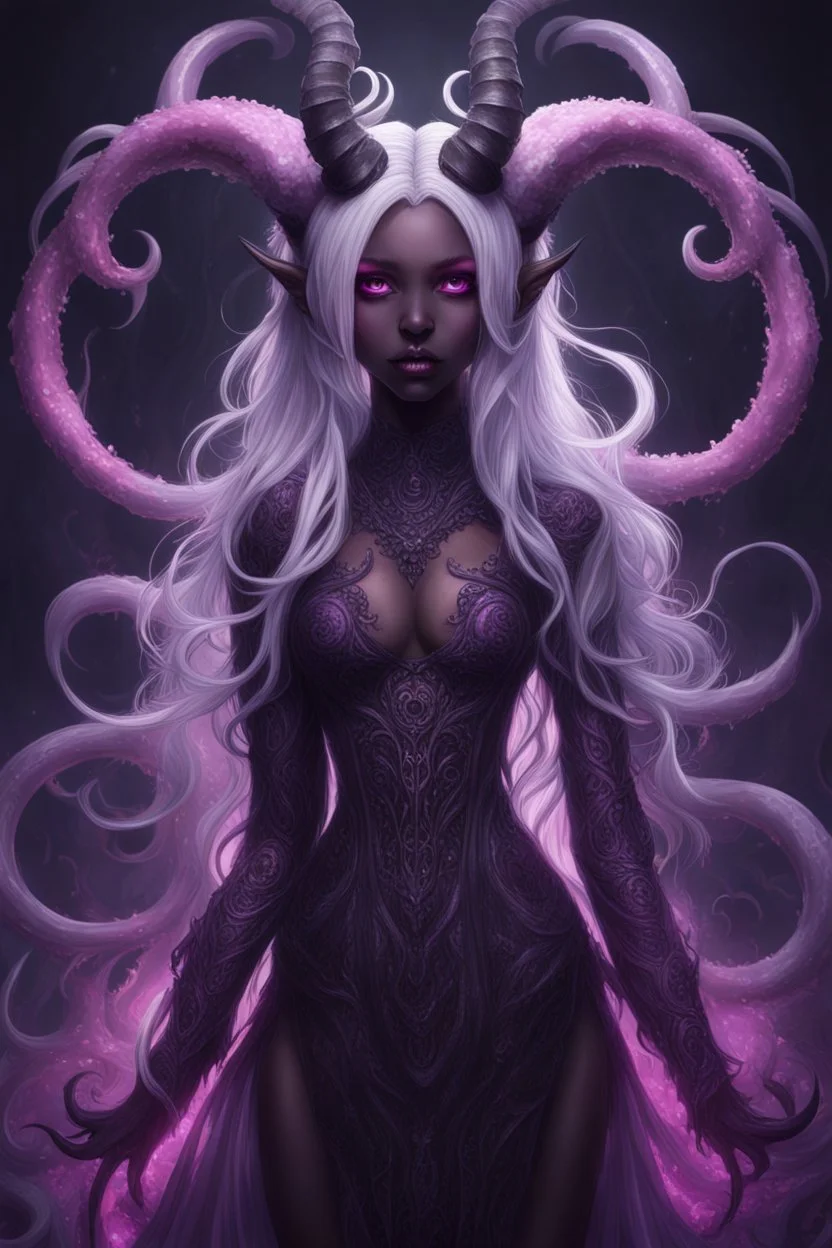 absurdres, ((high-resolution)), ultra detailed, vivid colors, abyssal goddess, dark skin, horns, white hair, ((medium hair:1.2)), (sidelocks:1.3), purple eyes, disheveled hair, long sleeves, fril gothic dress, purple and pink outfit, abyssal, darkness, tentacles, fractal, psychedelic, Whimsical