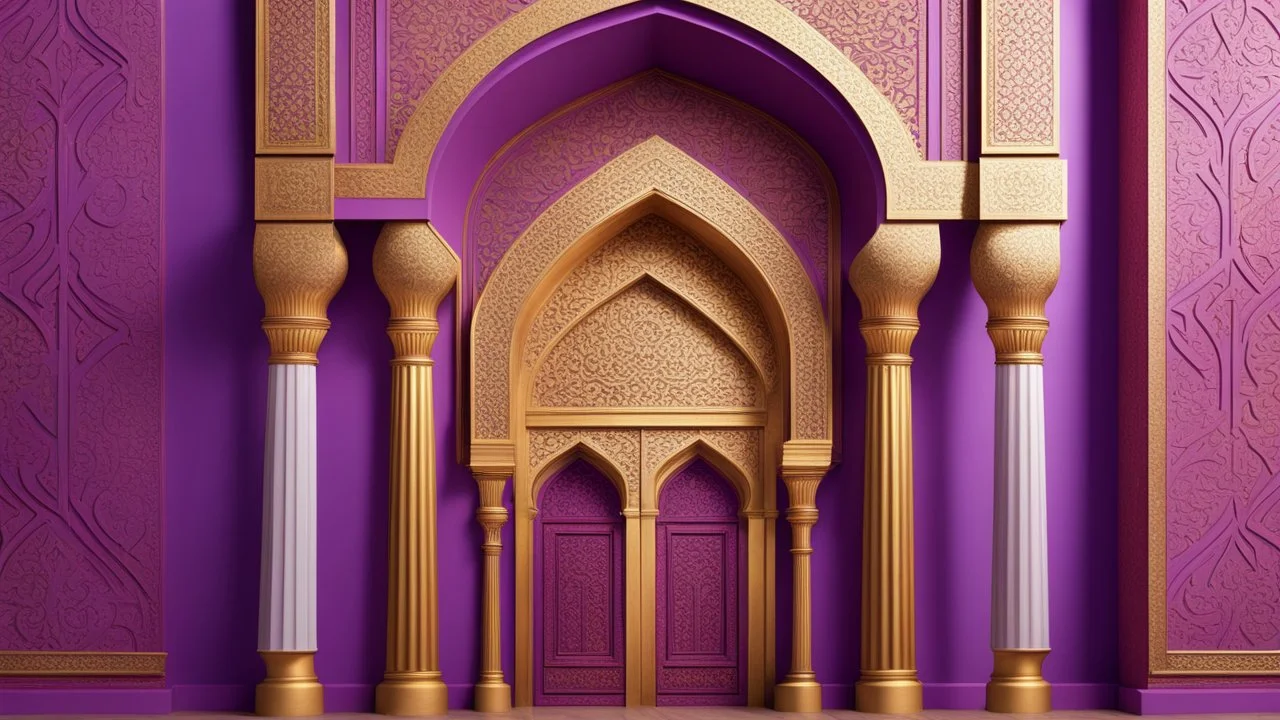 Hyper Realistic Golden Islamic Architecture on Purple-Rustic-Wall with maroon-crafting-on-white-pillars