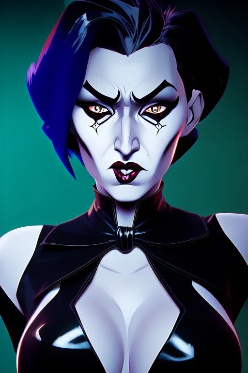 beautiful cruella deville dressed in shiny black leather, frank miller sin city, busty, cleavage, volumetric lighting, particales,highly detailed,cinematic, deep colours,8