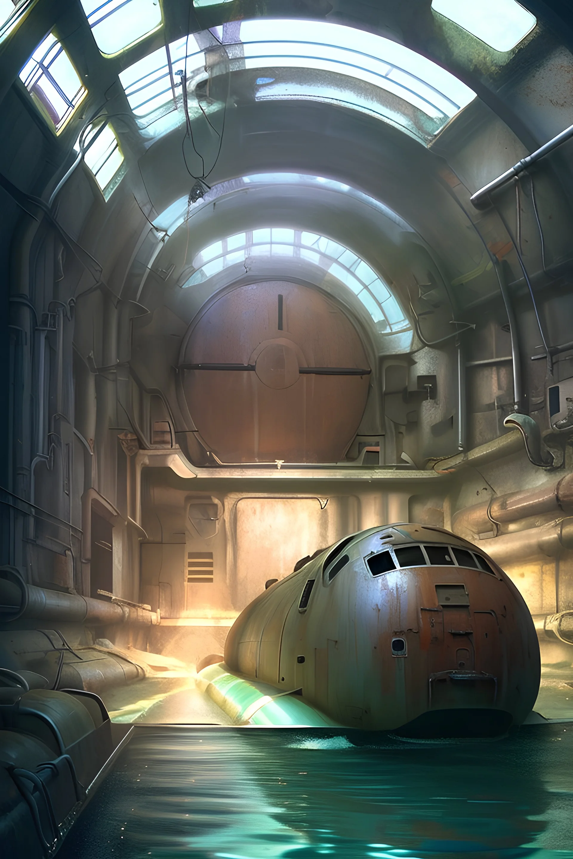 a look from the inside of a whimsical leaky rusty submarine, hyper realism, photo realism, realistic lighting, realistic color grading