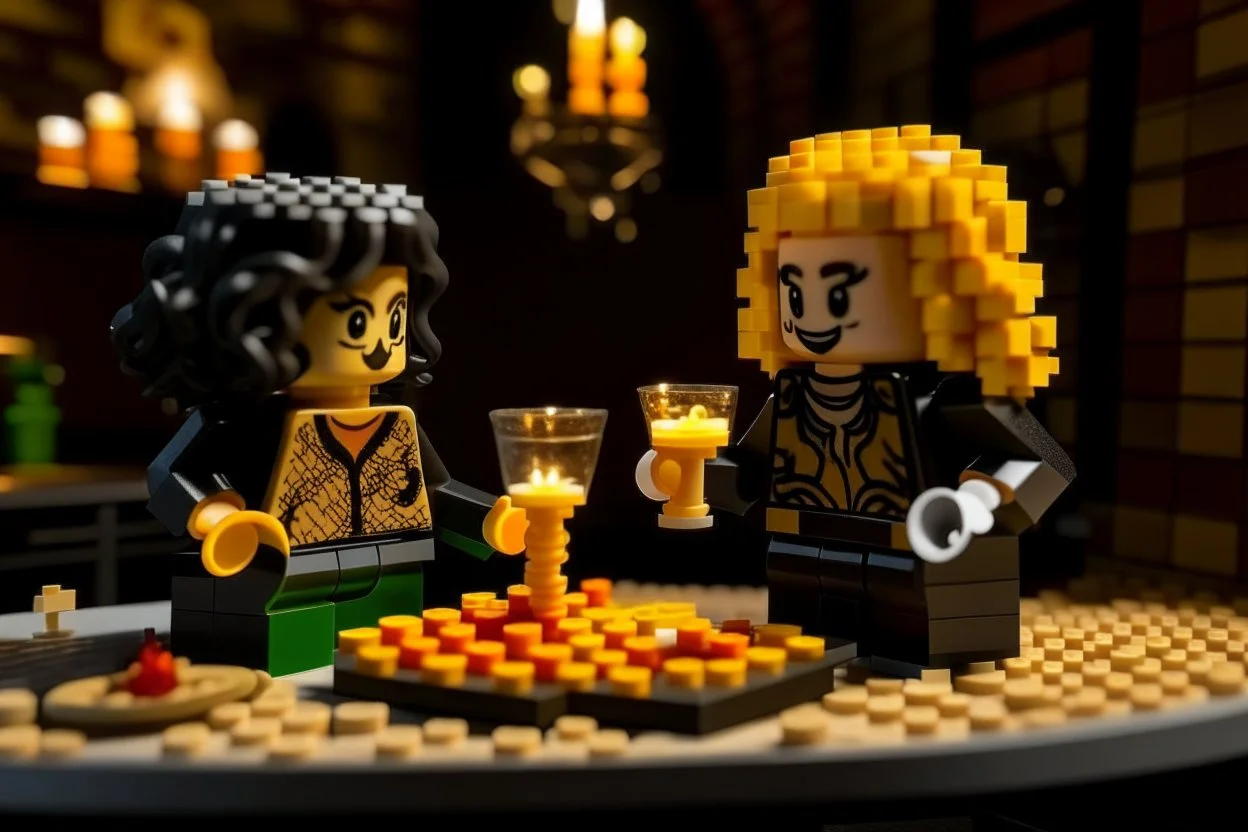 blonde lego girl and curly black haired lego boy eating lego pizza in an italian restaurant in candlelight