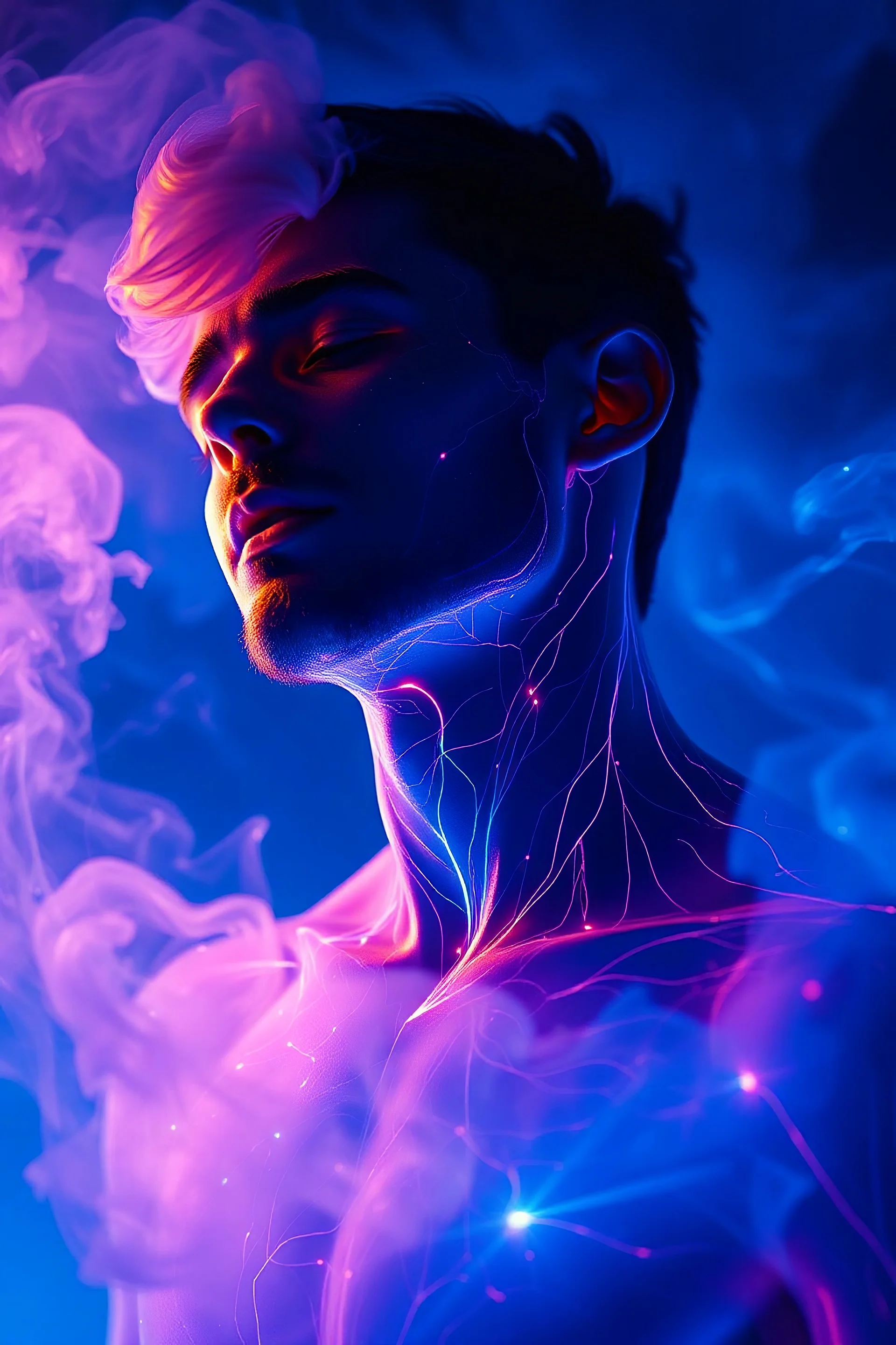 Him delicate figure is carved like a work of art , eyes closed, looking at me, The blue night enveloped him, Every line and curve is engraved with fine detail. This 8K high-resolution man is an exquisite picture of light and shadow, color, and feeling, Body Glow, (Glowing lines), Surrounded by beautiful smoke, correct human anatomy , flash, Fluorescent particles, Backlight. smoke neon glow transaparant iradian face screaming, floating in a cosmic background, adding