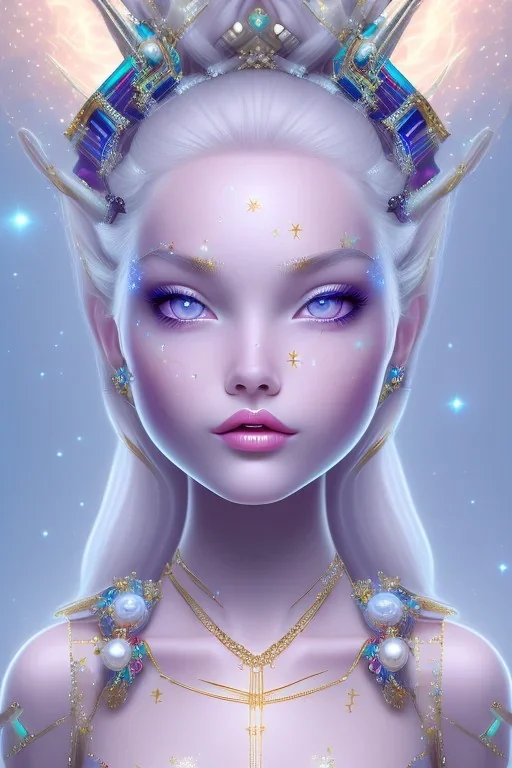 cosmic girl belle fine, grand front cosmique, peau blanche cristalline, yeux bleu, perle sur le front long cheveux etoilé cristaux sur le corps, collier de grande princesse, levres souriante, très jolie sourire