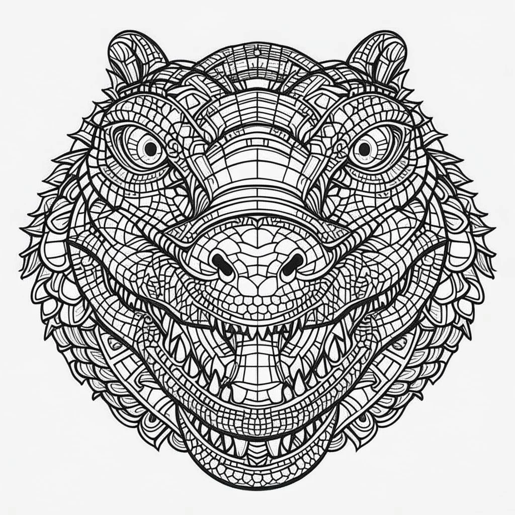 Alligator, front view, mandala, minimal lines, cartoon, white back ground color, real style, realistic, minimalistic, minimal black line art, line art, crisp line art, unique coloring sheet, outlined, outline, crisp, crisp line edges, illustration, thin lines, crisp clear lines, line art, clean line art, unique, 8k, amazing, masterpiece, no colors, no dark color, no black color, avoid thick black, minimalistic line edges, pure white back ground, image character full fit to page,