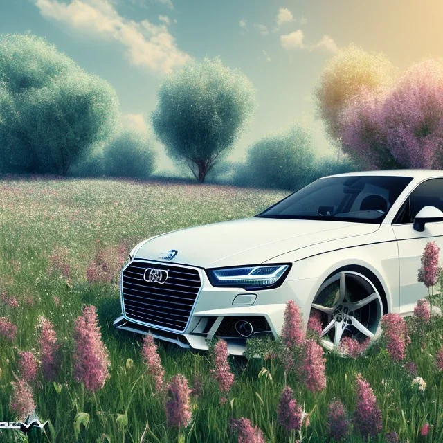 voiture blanche dans un champs de fleur, chrome, synthwave, Concept Art, couleur vibrante,audi